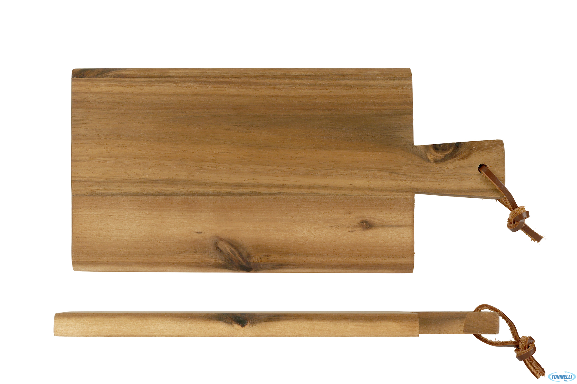 ACACIA-TAGLIERE RETT. CM 29X14XH.1,5 CON MANICO E CINTURINO IN PELLE, APPENDIBILE