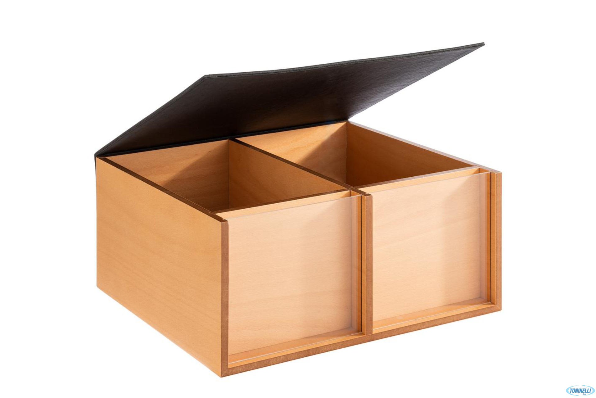BUFFET BOX-SCATOLA 2 SCOMPARTI CM 36X33,5XH.16 COLORE NATURAL CON FINESTRA DI VISUALIZZAZIONE IN ACRILICO, COPERCHIO IN FINTA PELLE.