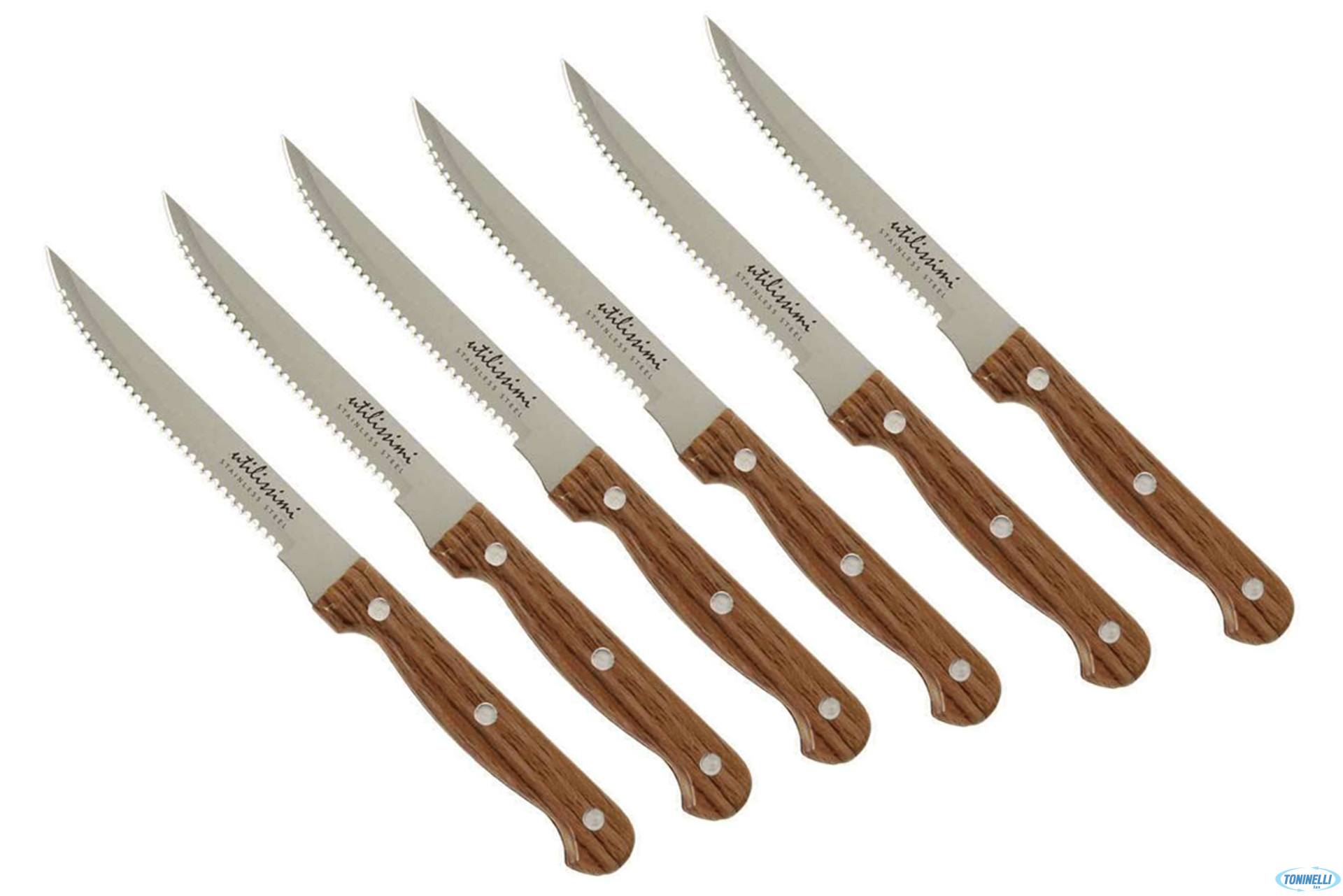 KOBE-CONFEZIONE 6 COLTELLI BISTECCA LAMA CM11,5 DENTATA MANICO PLASTICA COLOR LEGNO HT3P175