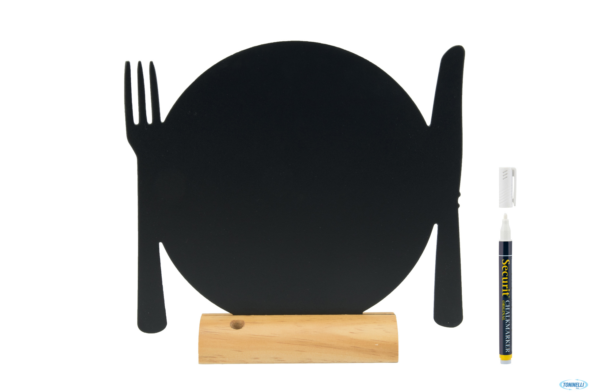LAVAGNA DA TAVOLO A FORMA DI PIATTO CON POSATE, BASE IN LEGNO CM 24X25,3X6 CON 1 PENNARELLO BIANCO INCLUSO       FBT-PLATE