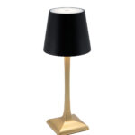 ROMA-LAMPADA DA TAVOLO ALLUMINIO E FERRO STELO ORO-CAPPELLO NERO RICARICABILE CM 10X10XH.26